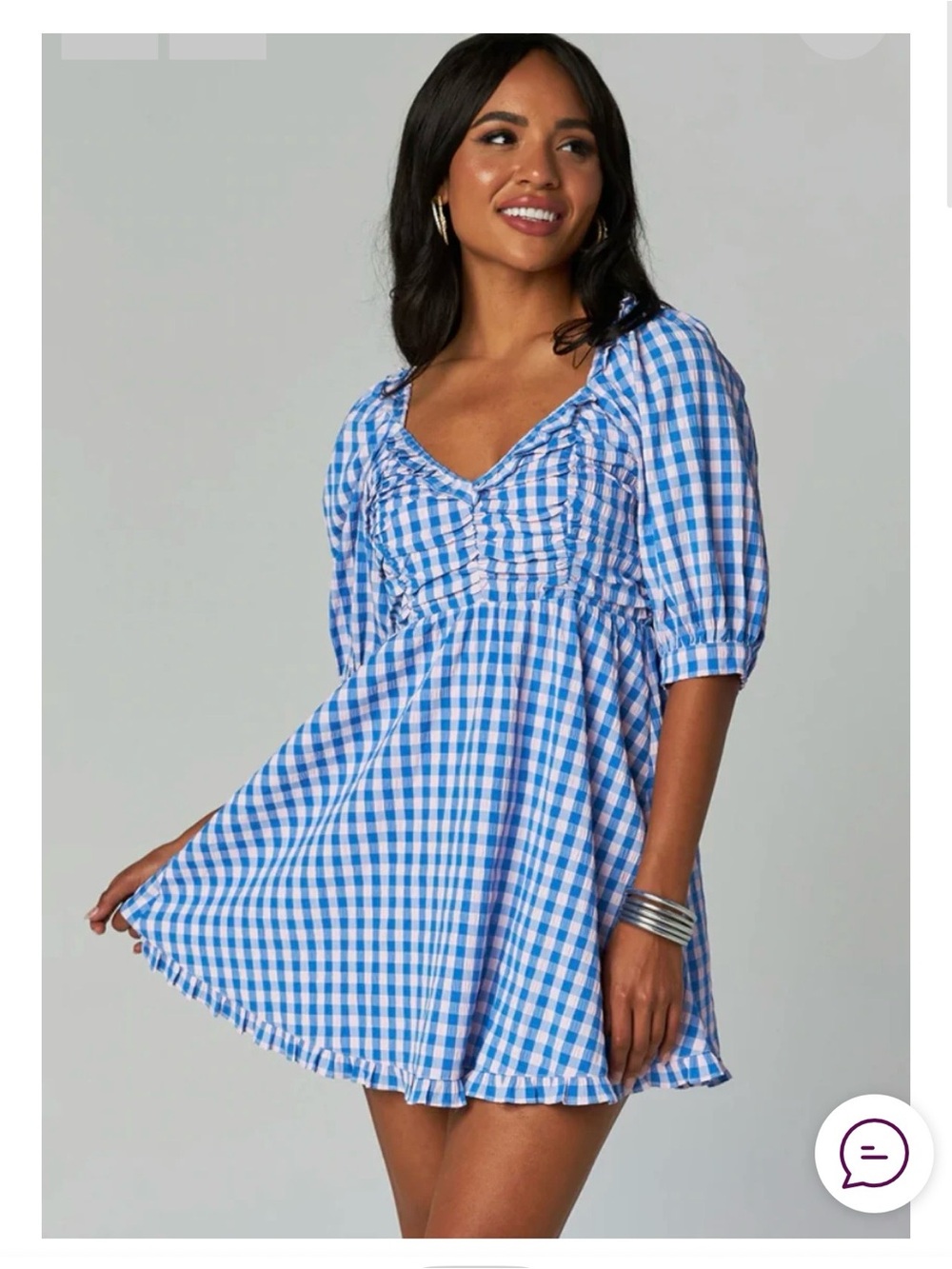 Blue and Pink Gingham Ruched Babydoll Dress